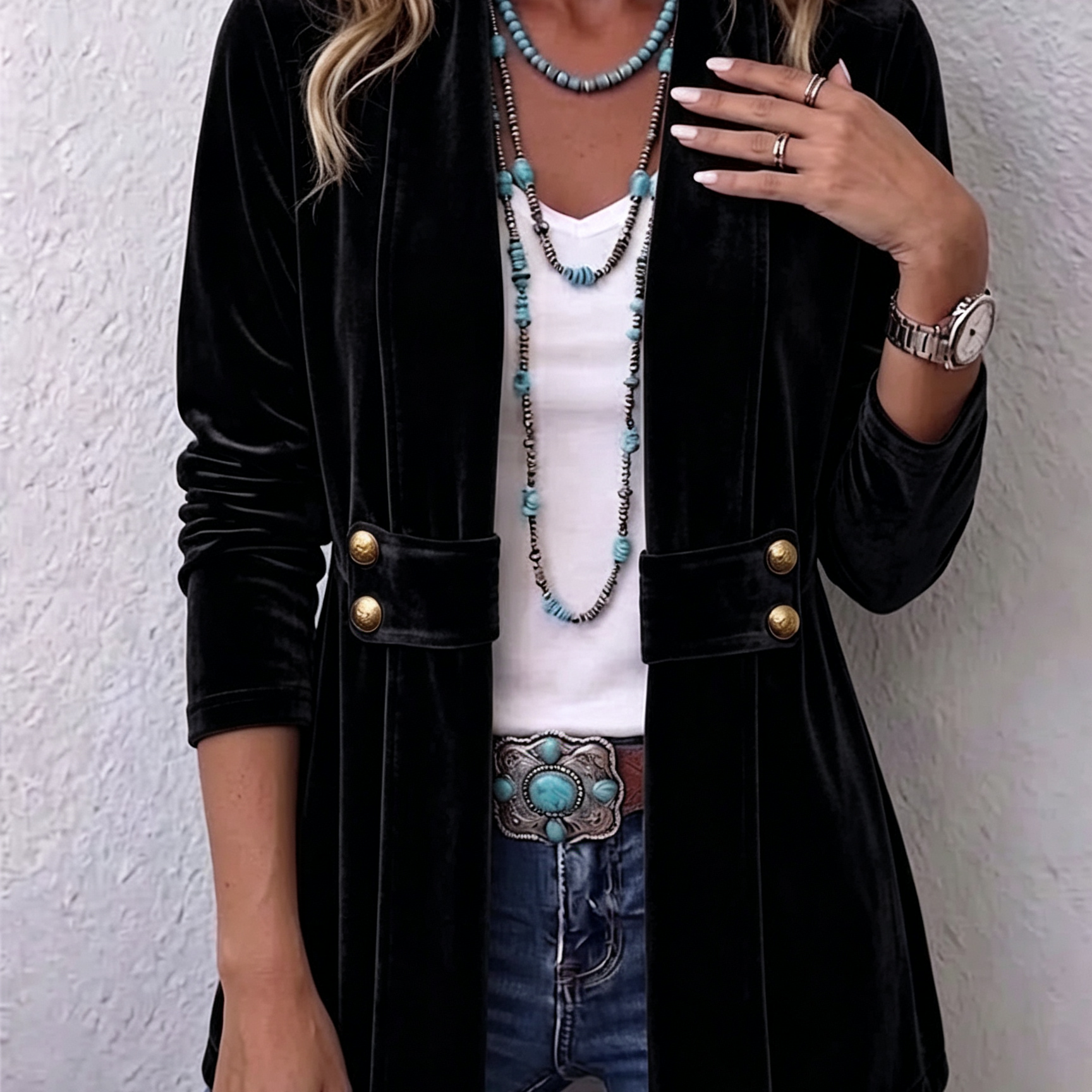 Renée | Veste Ouverte Détail Bouton Vintage à Revers à Manches Longues